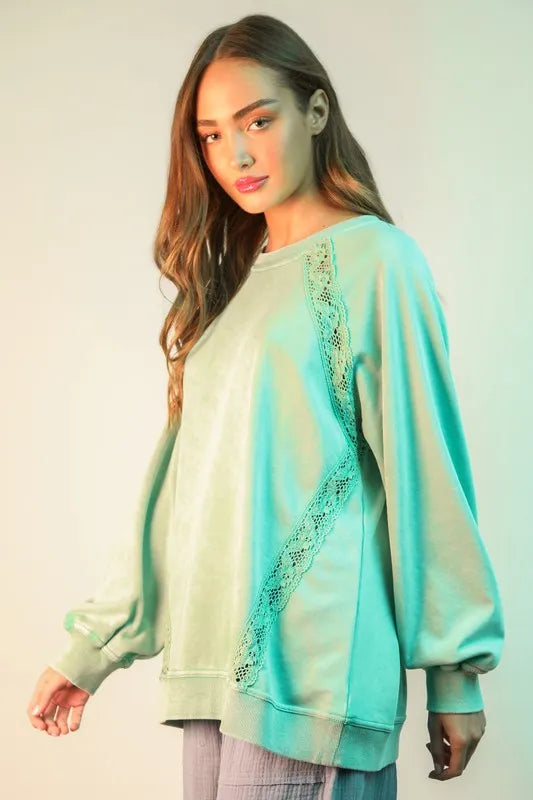 VERY J Plus Size Lace Trim Detail Mineral Washed Knit Top - Brittney MADE