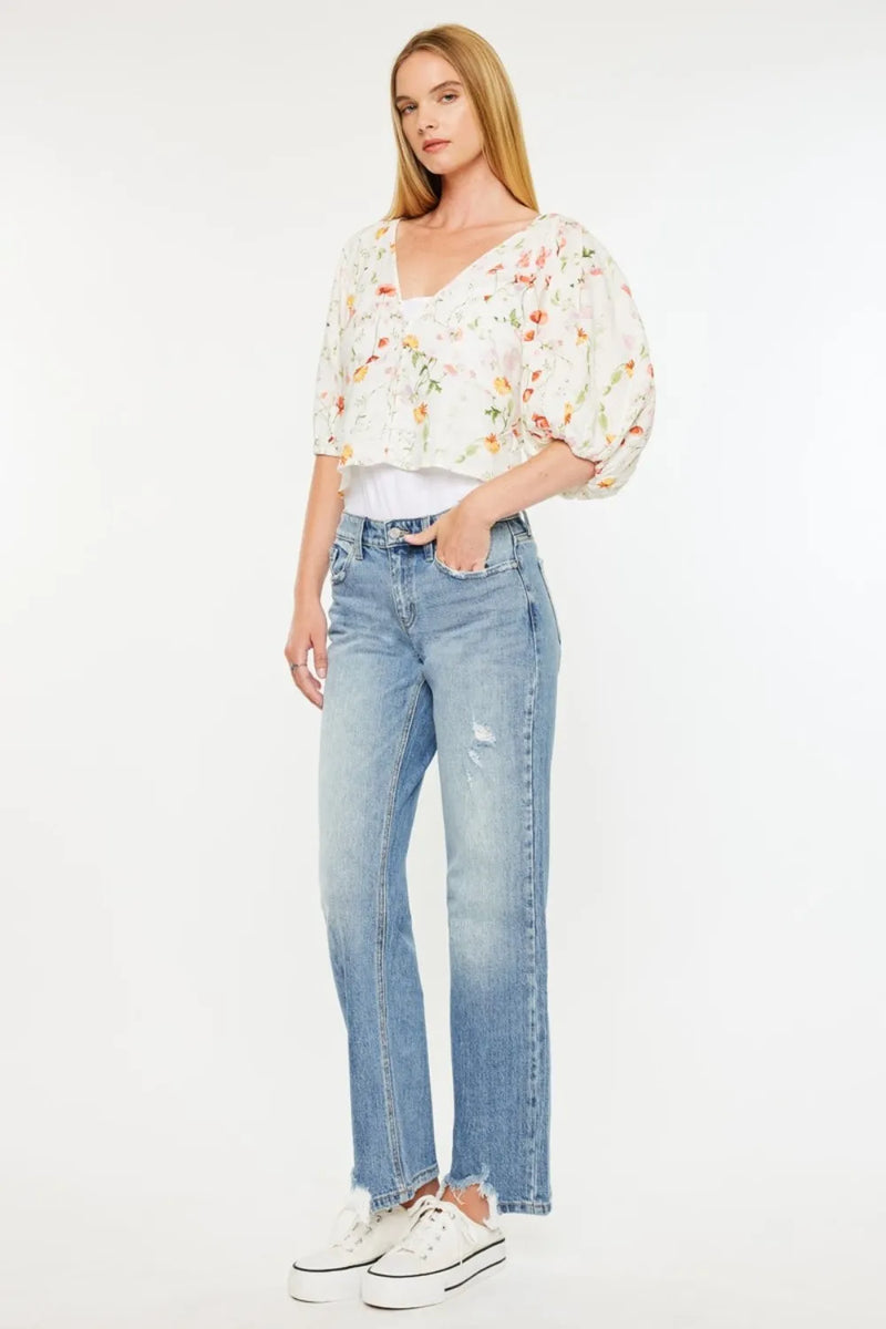 Kancan Mid Rise Frayed Hem Straight Jeans - Brittney MADE