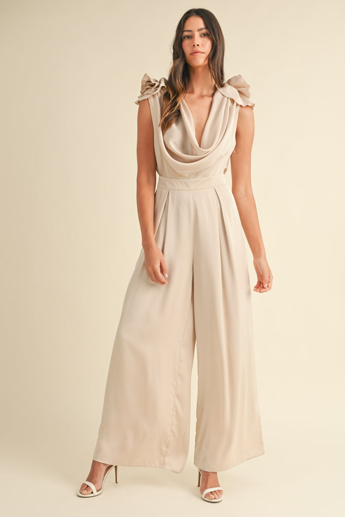 MABLE 3D Floral Applique Deep Cowl Neck Jumpsuit - Brittney MADE