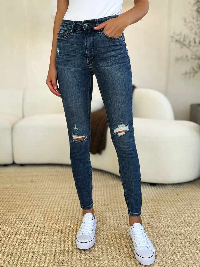Judy Blue Full Size Mid Waist Distressed Slim Jeans - Brittney MADE