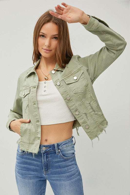 RISEN Full Size Raw Hem Button Up Cropped Denim Jacket Plus Size - Brittney MADE