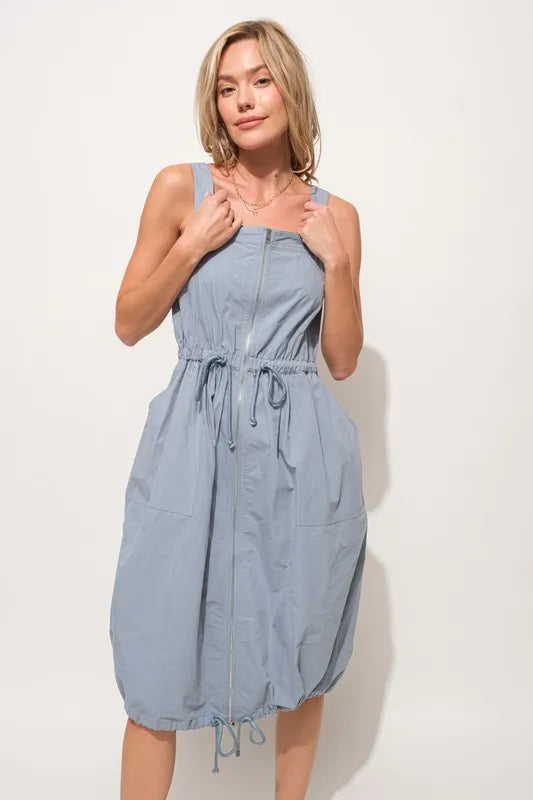 And The Why Front Zipper Overall Dress with String Details - Brittney MADE