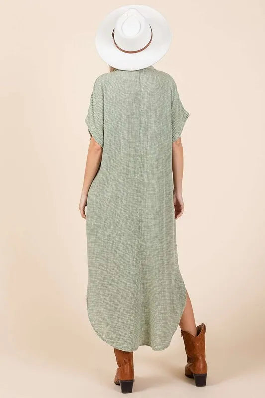 Mittoshop Mineral Wash V Neck Button Up Midi Shirt Dress - Brittney MADE
