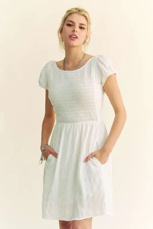 Davi & Dani Crossed Back Short Sleeve Dress with Pockets - Brittney MADE