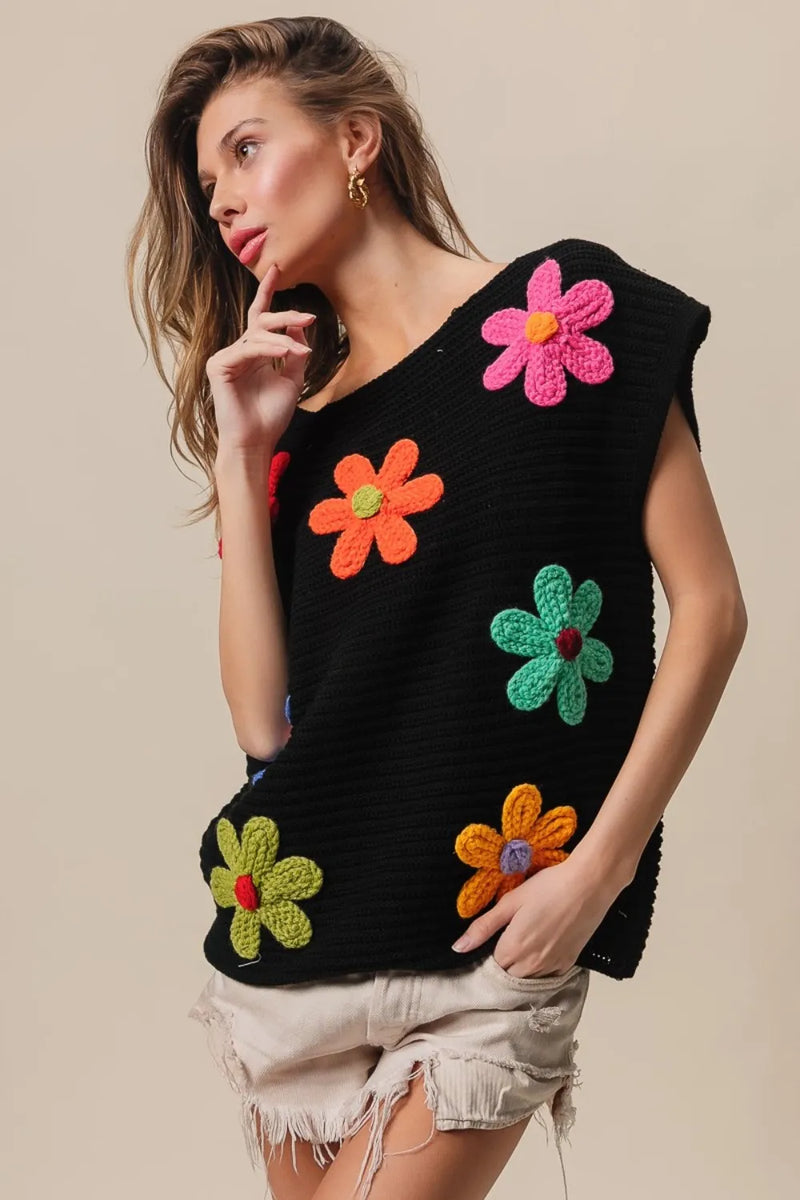 BiBi Flower Round Neck Cap Sleeve Knit Top - Brittney MADE