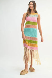 MABLE Multi Color Fringed Crochet Knit Dress - Brittney MADE