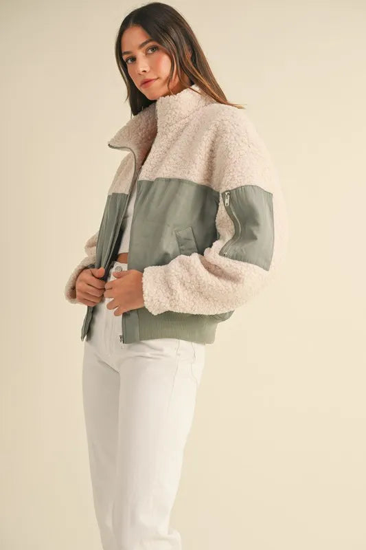 MABLE Shearling Contrast Bomber Jacket - Brittney MADE
