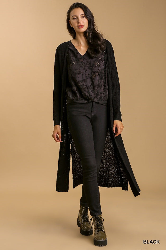 Umgee Full Size Lightweight Open Front Long Cardigan with Side Slit Plus Size - Brittney MADE