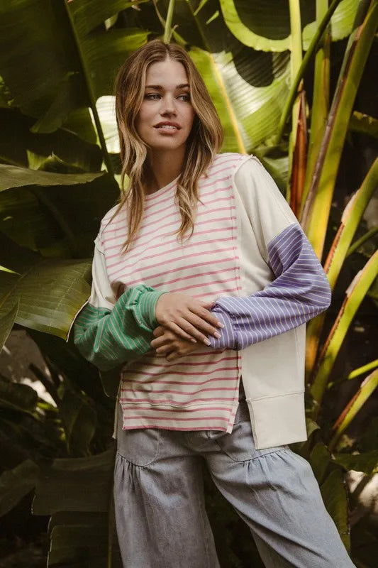 BiBi Exposed Seam Slit Striped Round Neck T-Shirt - Brittney MADE