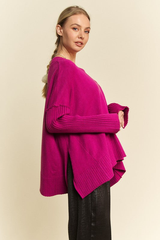 Davi & Dani Ribbed Side Slit V-Neck Sweater - Brittney MADE
