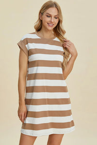 Basic Bae Full Size Striped Round Neck Cap Sleeve Mini Dress - Brittney MADE