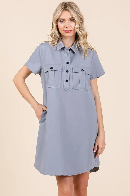 Mittoshop Button Detail Collared Neck Short Sleeve Shirt Dress - Brittney MADE