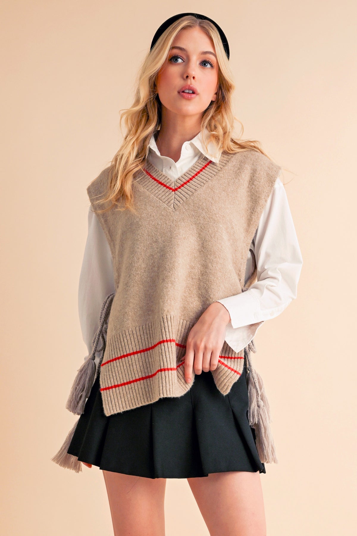 Aemi + Co Ribbed V-Neck Sweater Vest with Tassel - Brittney MADE