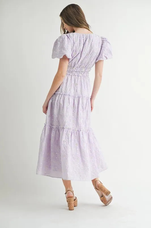 MABLE Eyelet Lace Puff Sleeve V Neck Midi Dress - Brittney MADE