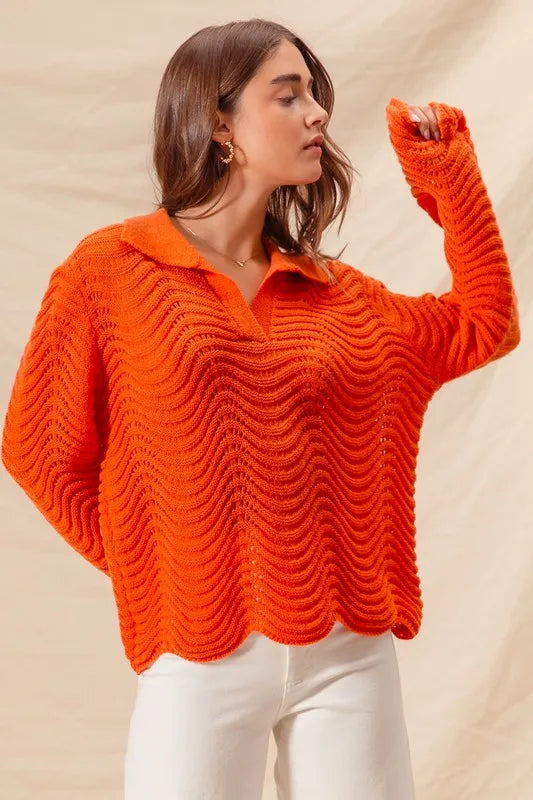 SO ME Notched Collar Wavy Texture Sweater Top - Brittney MADE