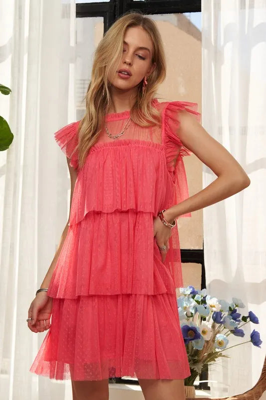 ADORA Layered Ruffled Cap Sleeve Mesh Dress - Brittney MADE