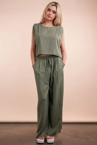 VERY J Solid Woven Top & Pants Set - Brittney MADE