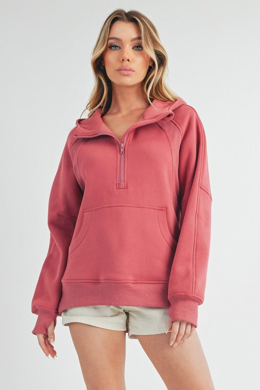 Aemi+Co Half Zip Raglan Sleeve Hoodie with Kangaroo Pocket - Brittney MADE
