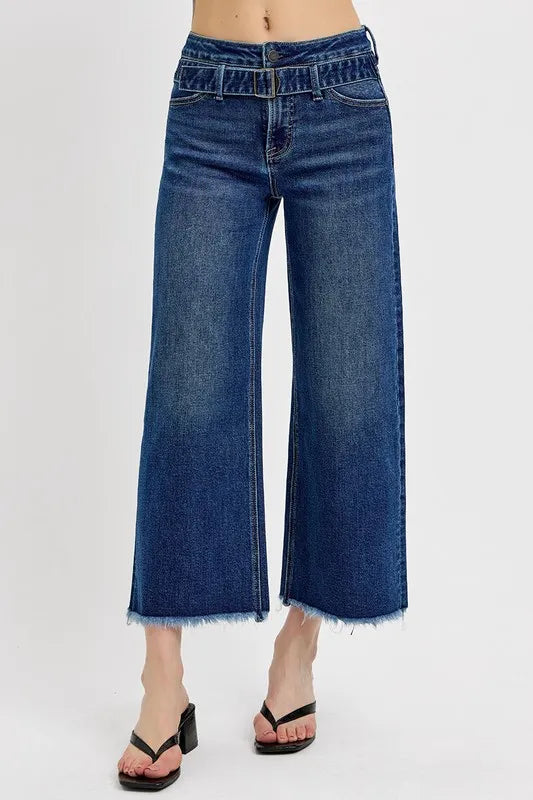 RISEN Raw Hem Wide Leg Attached Buckle Jeans - Brittney MADE