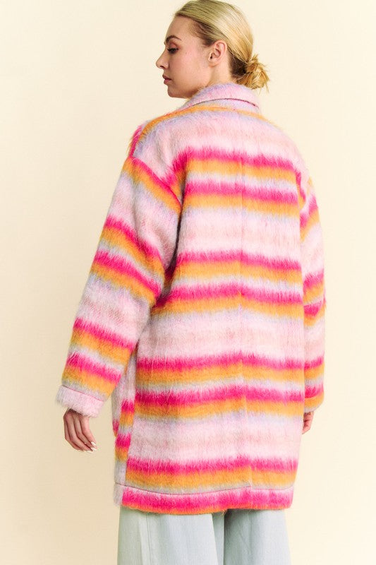 Davi & Dani Contrast Striped Open Front Coat with Pockets - Brittney MADE