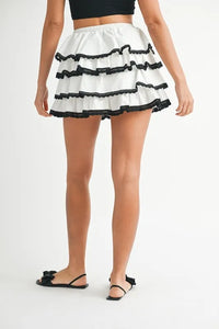 MABLE Poplin Ruffle Layered Contract Lace Trim Mini Skirt - Brittney MADE