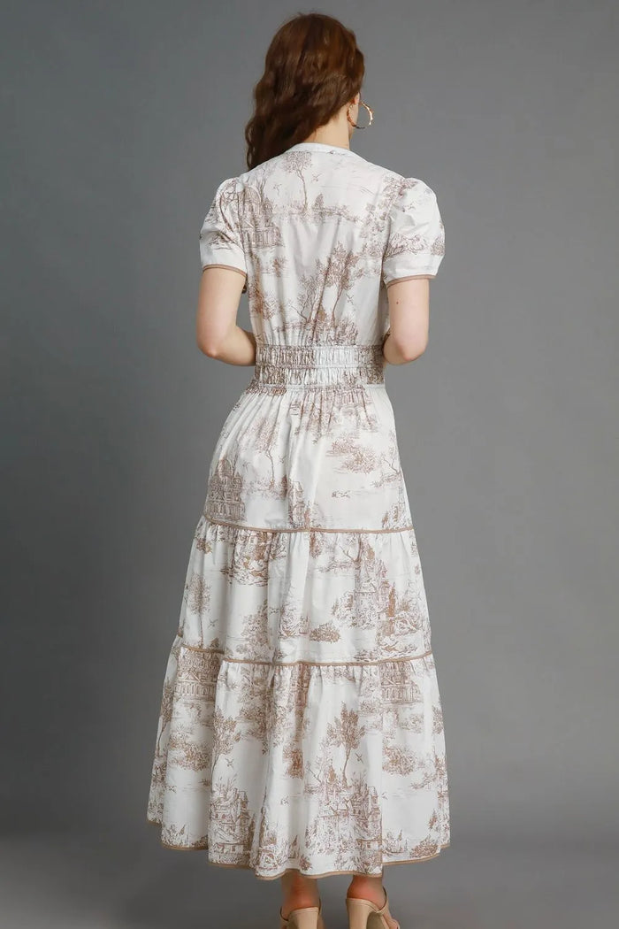 Umgee Full Size Landscape Print Short Sleeve Tiered Maxi Dress Plus Size - Brittney MADE