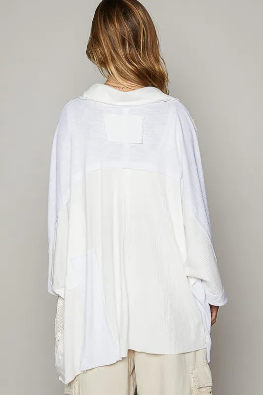 POL Crochet Patchwork Frayed Edge Half Button Knit Top - Brittney MADE