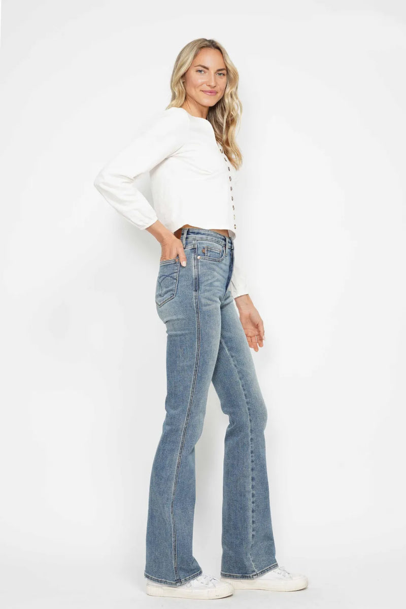 Judy Blue Full Size Tummy Control Back Embroidered Pocketed Bootcut Jeans Plus Size - Brittney MADE