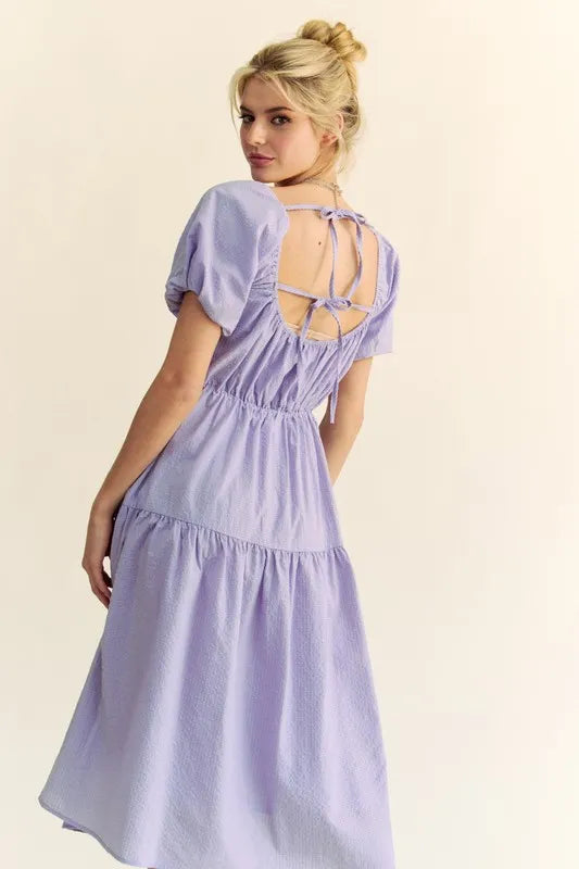 Davi & Dani Textured Fabric Short Puff Sleeve Midi Dress - Brittney MADE