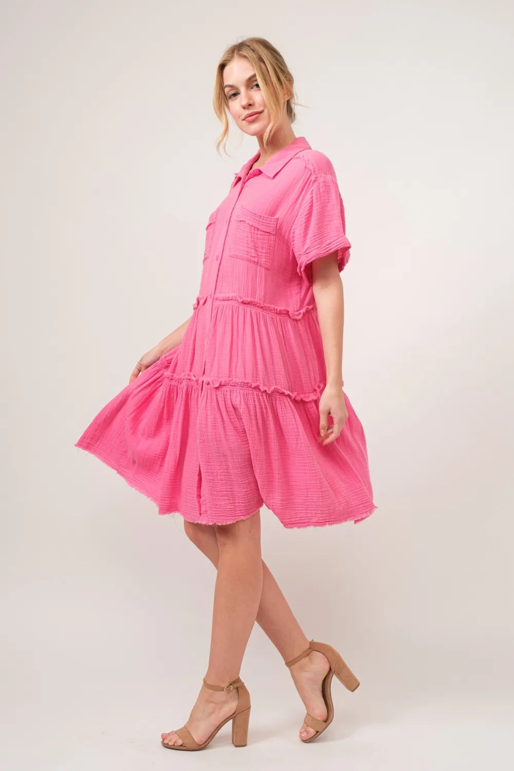 And The Why Full Size Raw Edge Washed Tiered Shirt Dress - Brittney MADE
