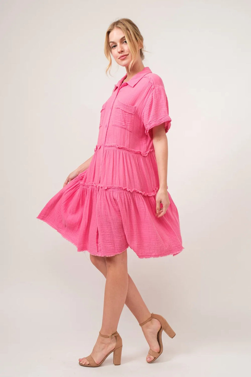 And The Why Full Size Raw Edge Washed Tiered Shirt Dress - Brittney MADE