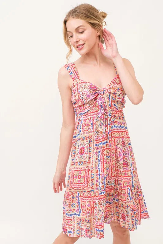 And The Why Tied Front Smocked Back Tiered Boho Printed Dress - Brittney MADE