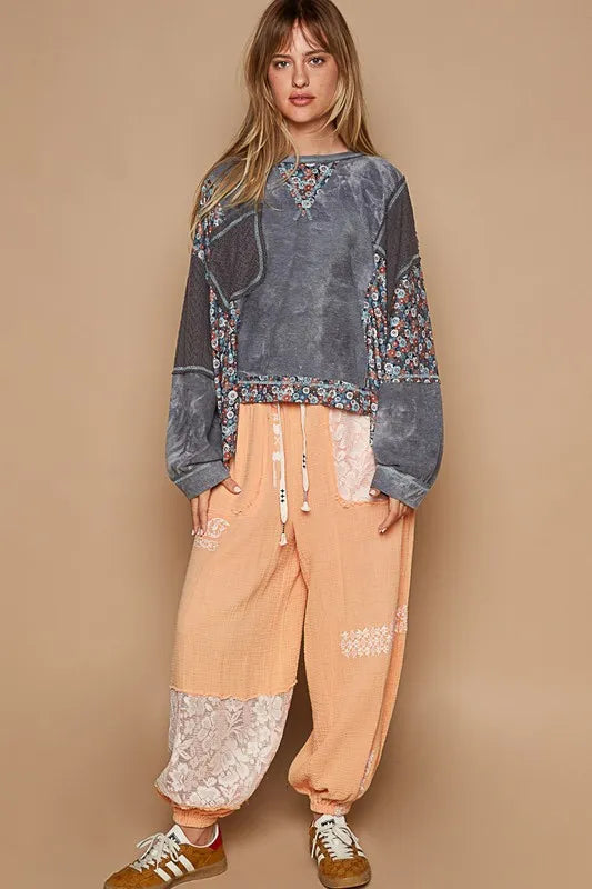 POL Floral Patchwork Round Neck Knit Top - Brittney MADE