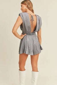 MABLE Draped Romper with Pleated Shoulder Pad Detail - Brittney MADE
