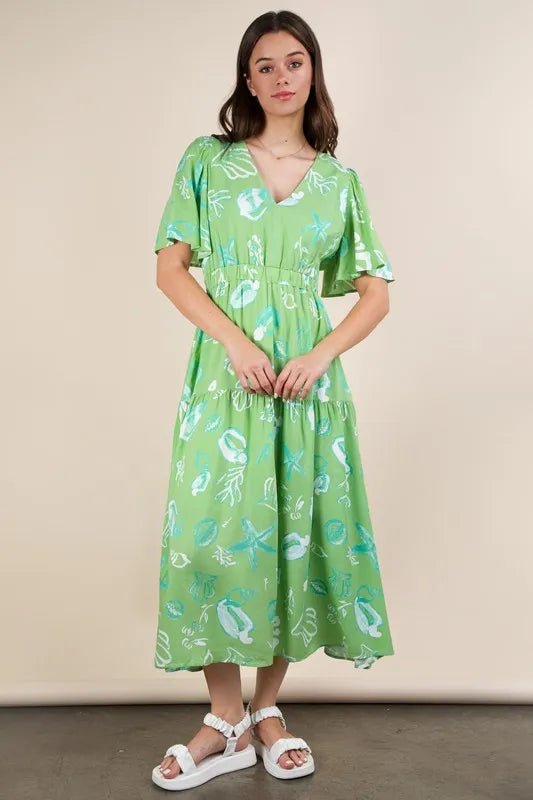 VERY J Printed V-Neck Resort Midi Dress - Brittney MADE
