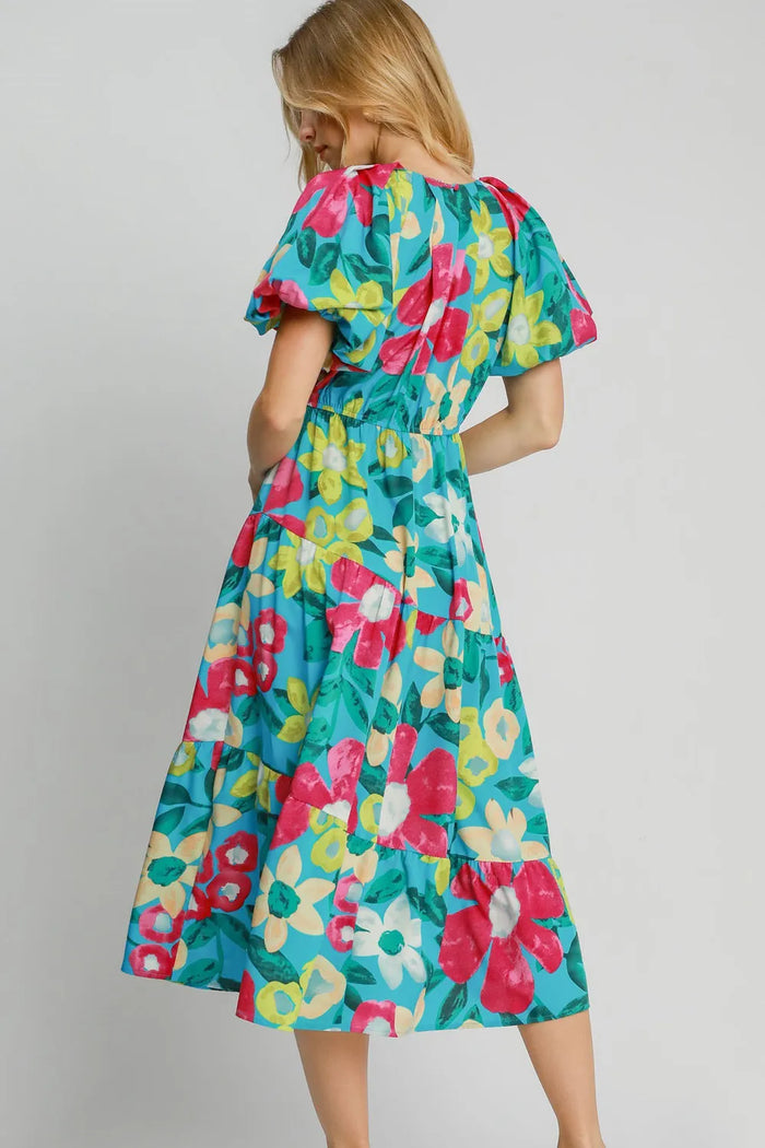 Umgee Full Size Tiered Floral Print Notched Puff Sleeve Midi Dress Plus Size - Brittney MADE