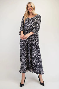 Celeste Full Size Leopard Round Neck Flounce Sleeve Dress - Brittney MADE