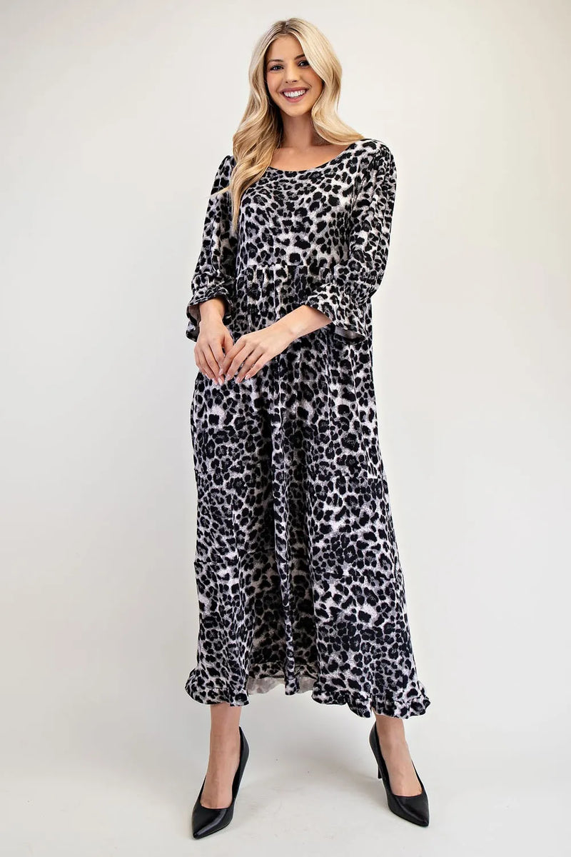 Celeste Full Size Leopard Round Neck Flounce Sleeve Dress - Brittney MADE