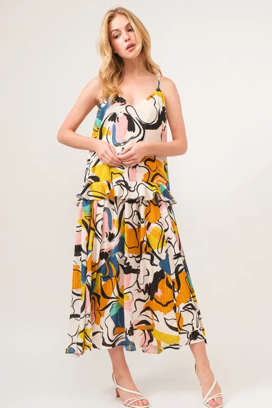 And The Why Ruffled Abstract Floral Printed Midi Cami Dress - Brittney MADE