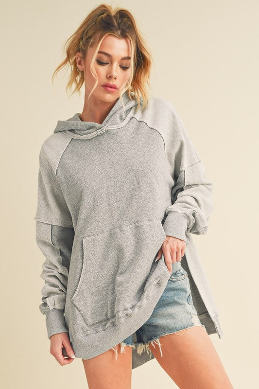 Aemi + Co Exposed Seam Side Slit Hoodie with Kangaroo Pocket - Brittney MADE