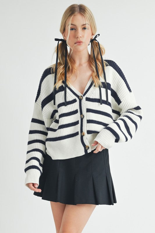 Aemi + Co Striped V-Neck Button Down Cardigan - Brittney MADE