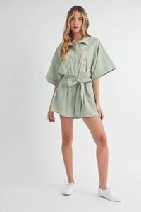 MABLE Embroidered Button Down Collared Neck Romper - Brittney MADE