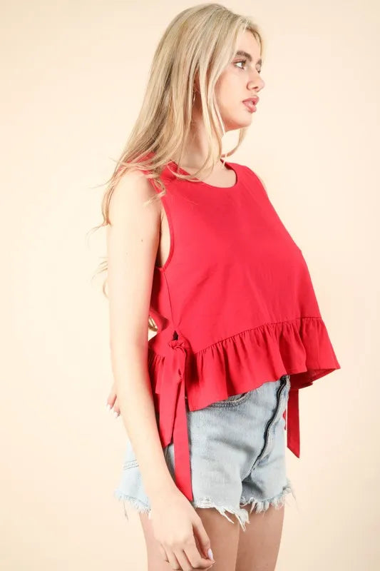 VERY J Side Tie Detail Ruffled Sleeveless Top - Brittney MADE