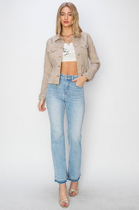 RISEN Full Size Raw Hem Button Up Cropped Denim Jacket Plus Size - Brittney MADE