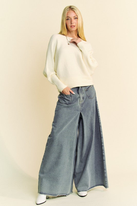 Davi & Dani Round Neck Batwing Sleeve Sweater - Brittney MADE
