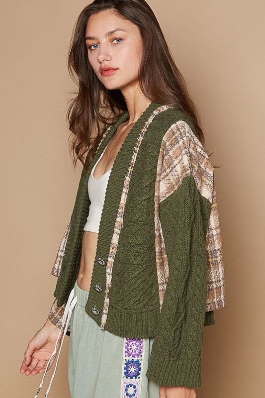POL Cable-Knit Plaid V-Neck Button Up Cardigan - Brittney MADE