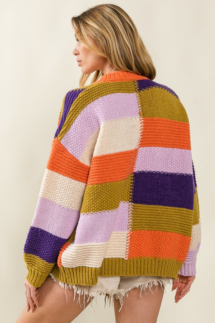 BiBi Checkered Color Block Sweater Cardigan - Brittney MADE