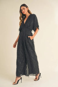MABLE Fluffy Deep V Neck Wide Leg Jumpsuit - Brittney MADE