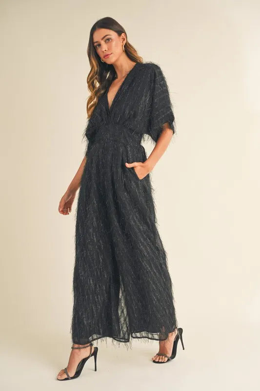 MABLE Fluffy Deep V Neck Wide Leg Jumpsuit - Brittney MADE