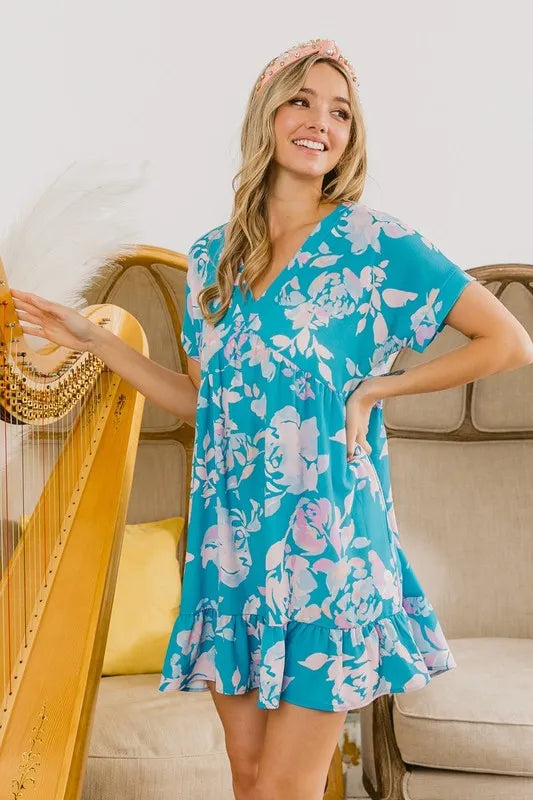 BiBi Floral Crinkle Shirred Ruffle Detail V Neck Dress - Brittney MADE